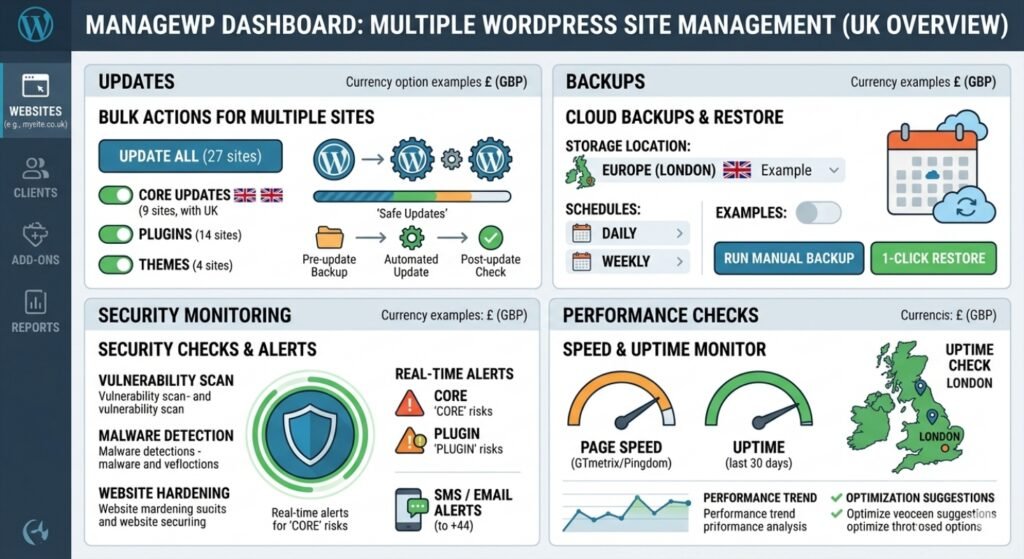 ManageWP dashboard used for managing multiple WordPress websites in the UK
