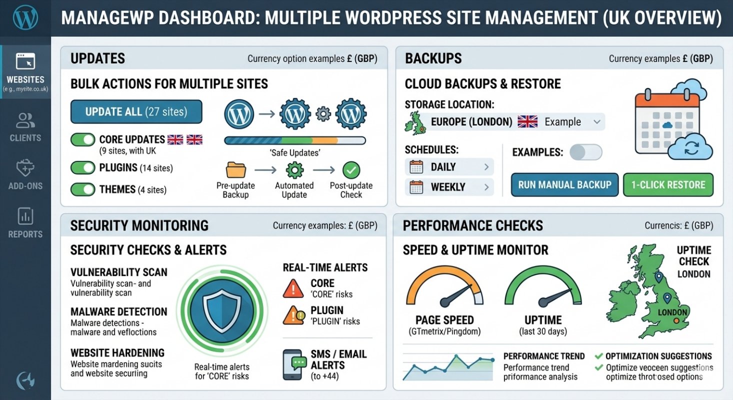ManageWP dashboard used for managing multiple WordPress websites in the UK