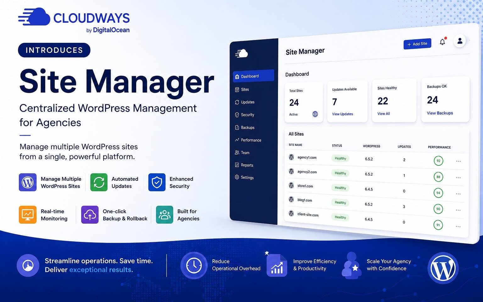 Cloudways Site Manager dashboard for centralized WordPress agency website management