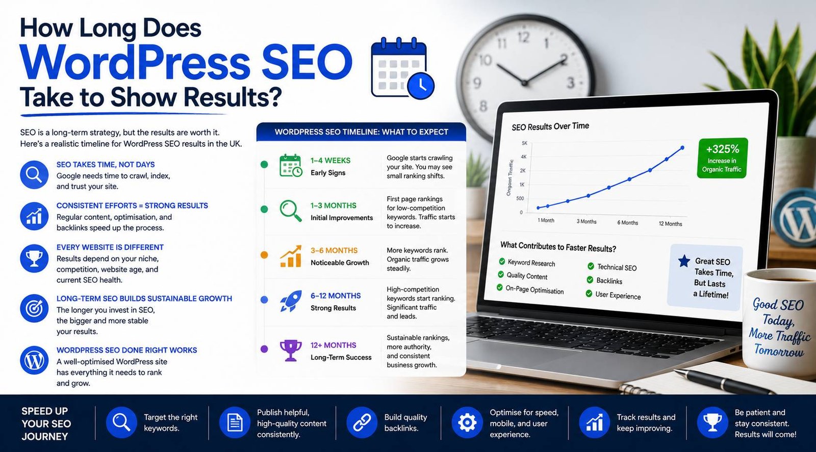 How long WordPress SEO takes to show results with organic traffic and ranking growth timeline